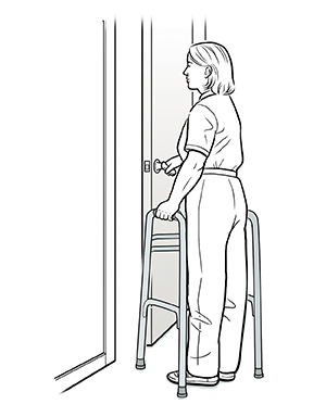 Woman with walker pulling door open.